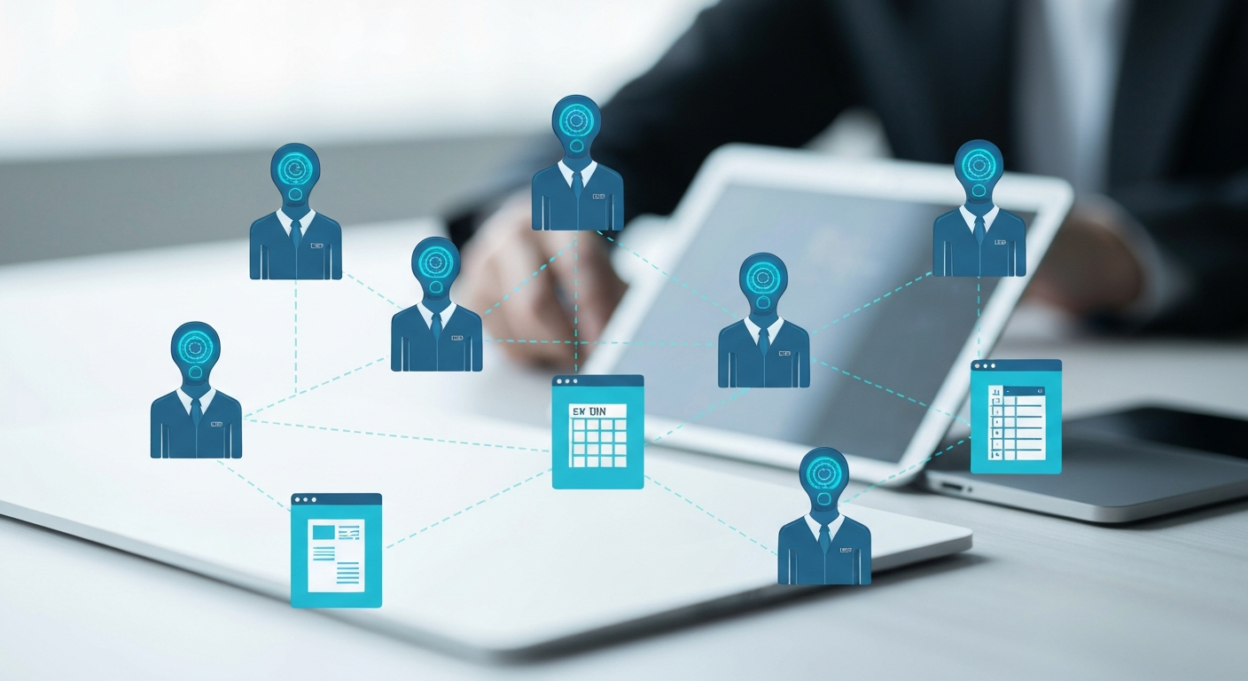 Ilustração de agentes autônomos de IA integrados a sistemas ERP e CRM, otimizando a automação de backoffice.