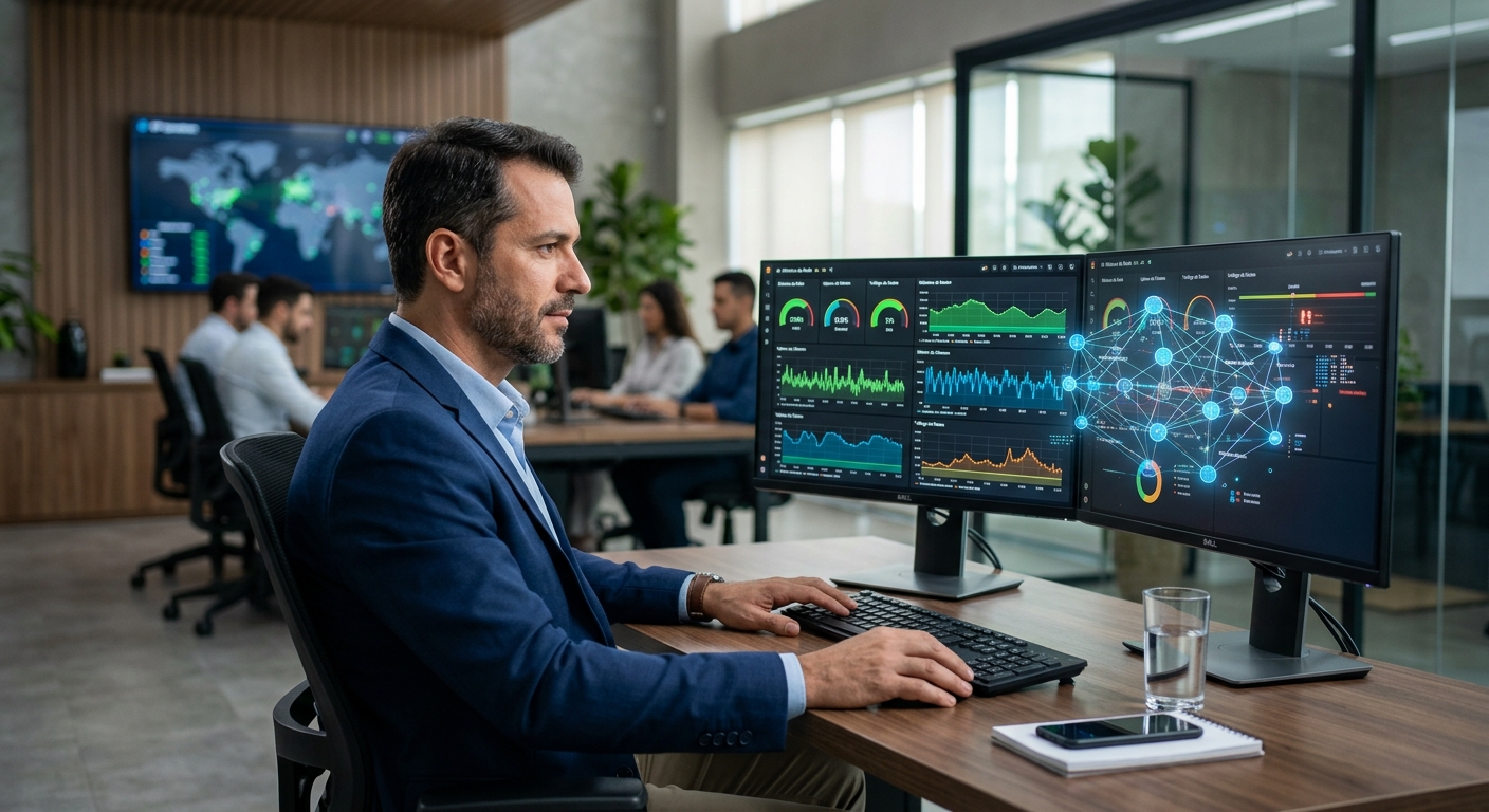 Telecom manager analyzing AI for ISPs dashboards to gain a competitive advantage