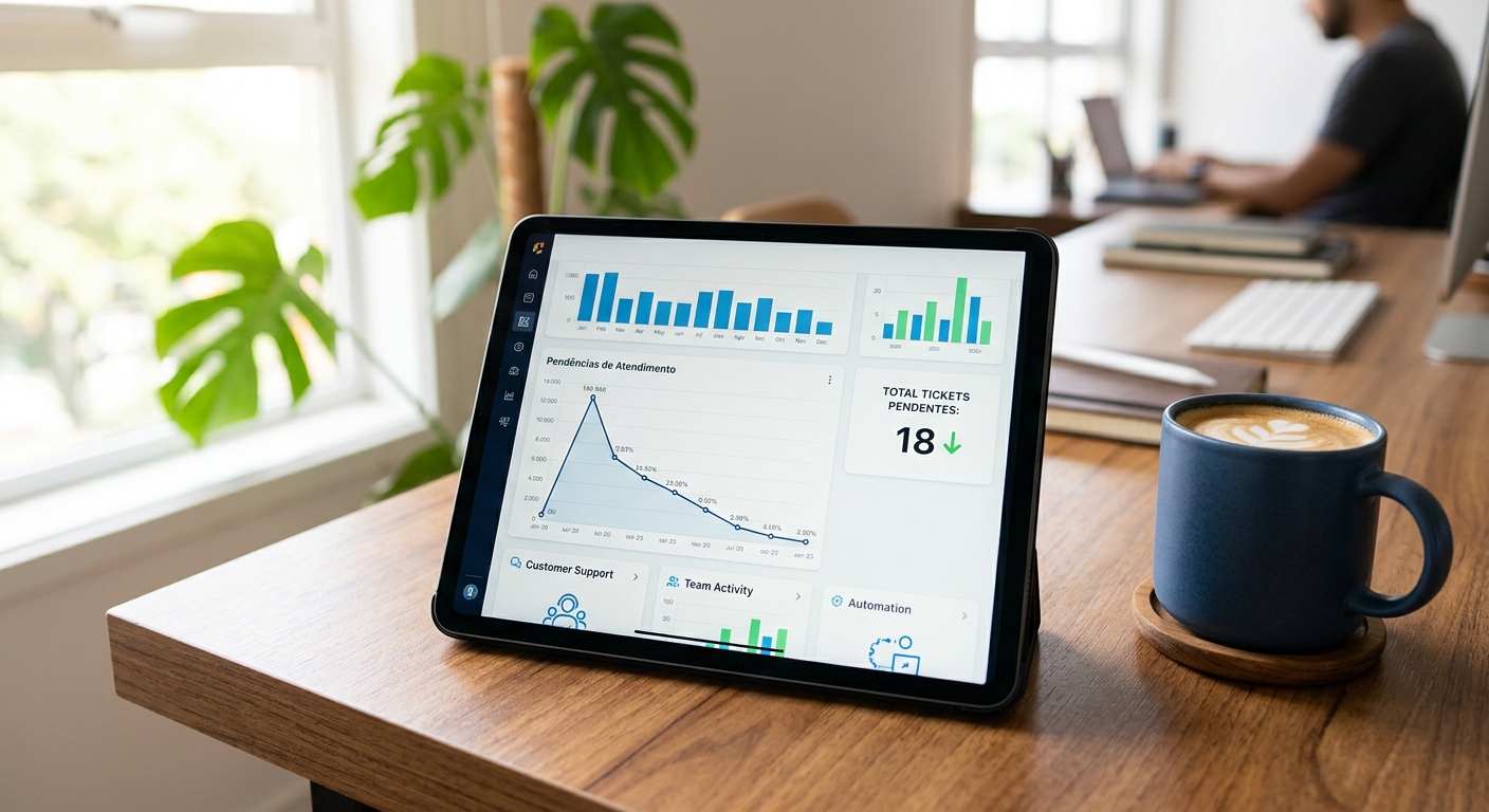 Dashboard mostrando a redução de chamados e aumento da produtividade da equipe após automação de tarefas