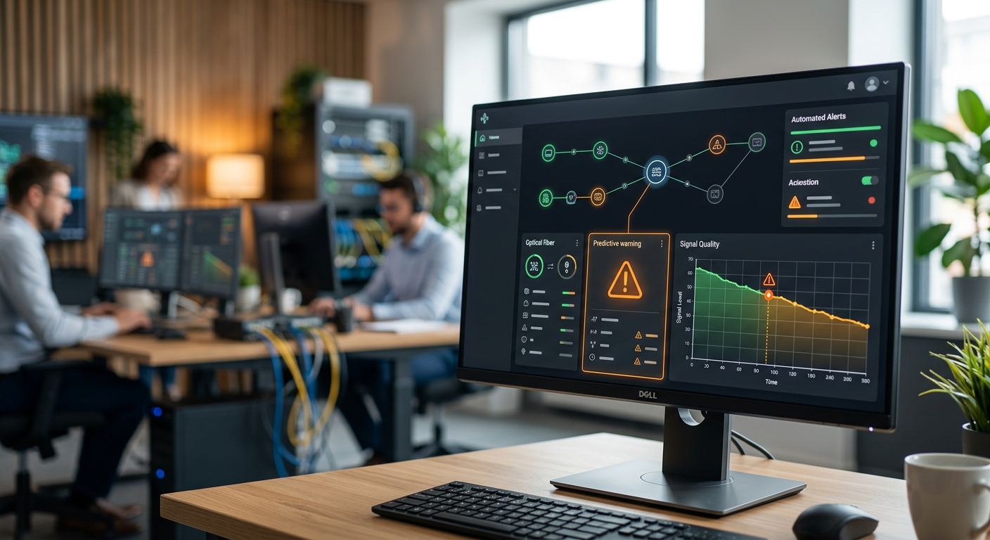 Optical network terminal showing automated monitoring data and predictive AI analytics for ISPs