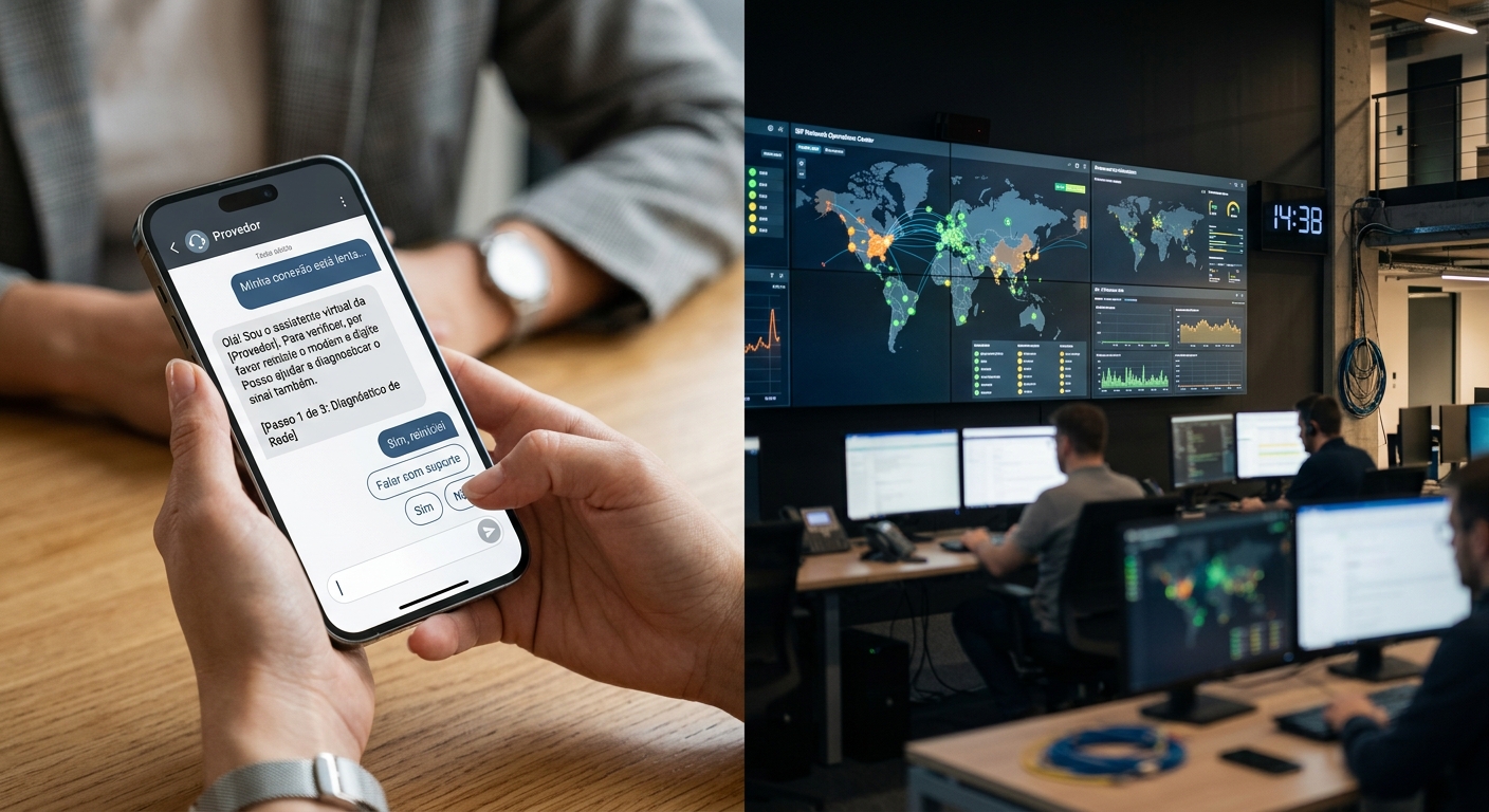 Cliente utilizando um agente de ia atendimento no smartphone enquanto a rede do provedor é monitorada