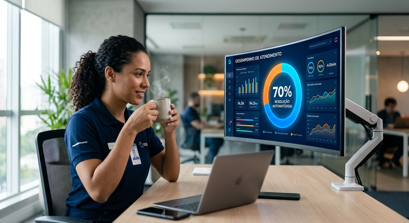 Gráfico mostrando 70% de atendimento automatizado em um provedor de internet
