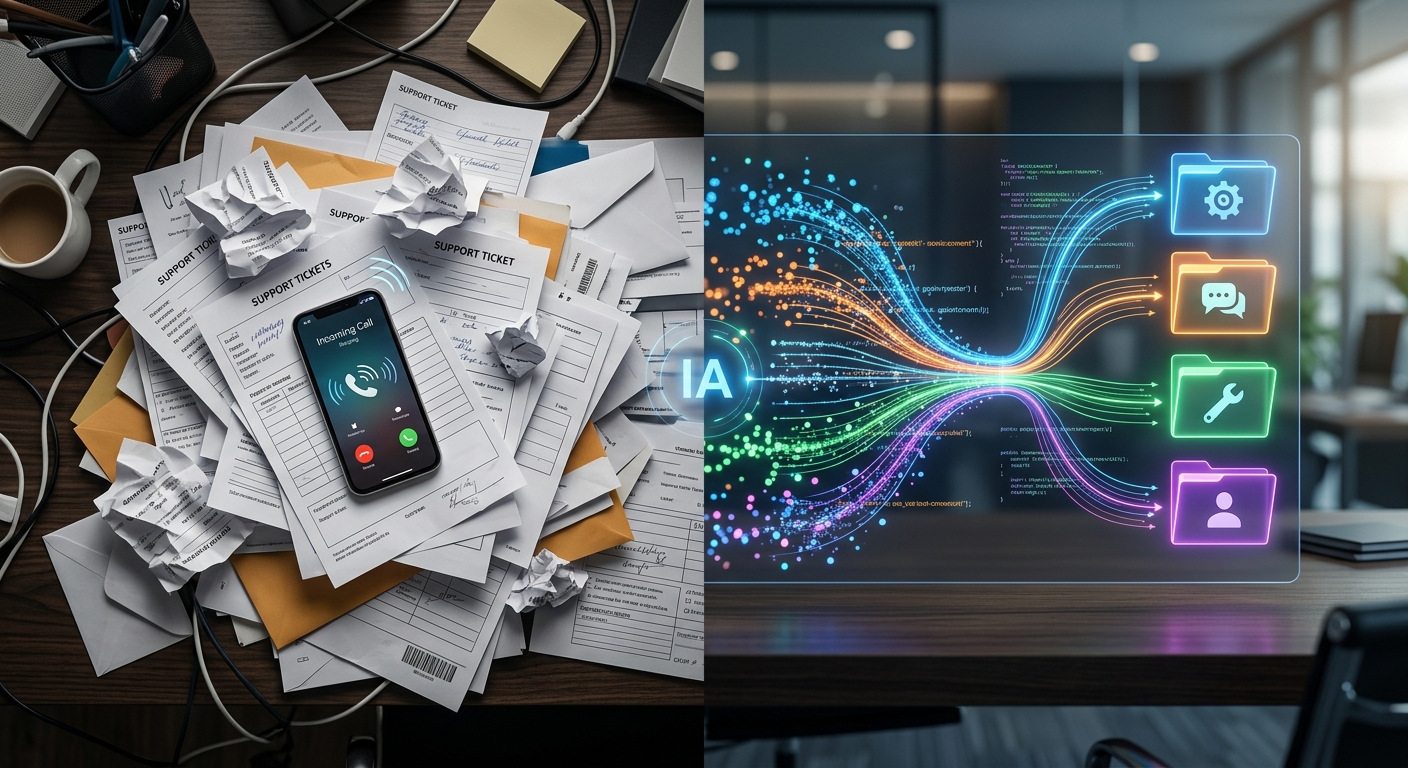 Representação visual da organização de chamados com a triagem de atendimento feita por inteligência artificial em um provedor.