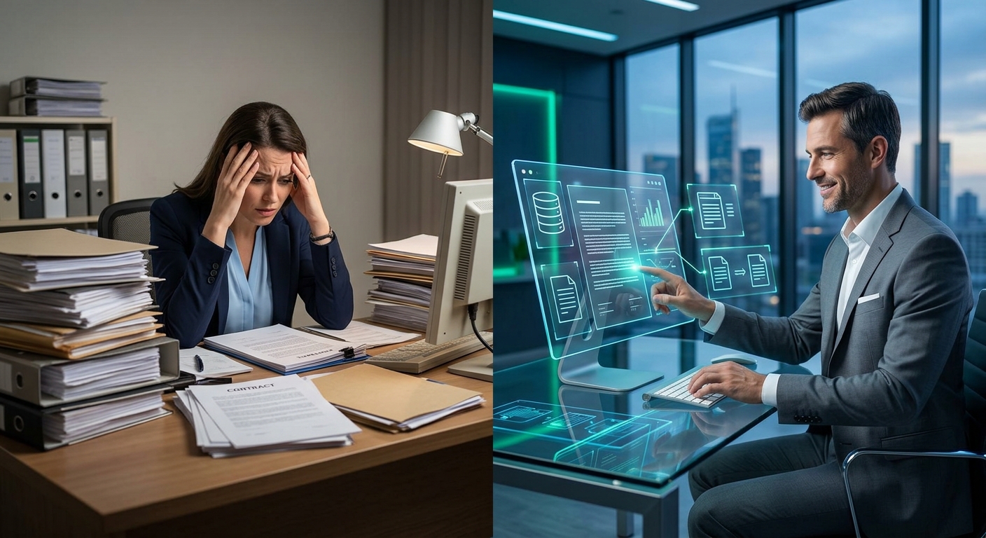 Comparação visual entre o fluxo manual de contratos e um agente de back office com IA automatizando processos.
