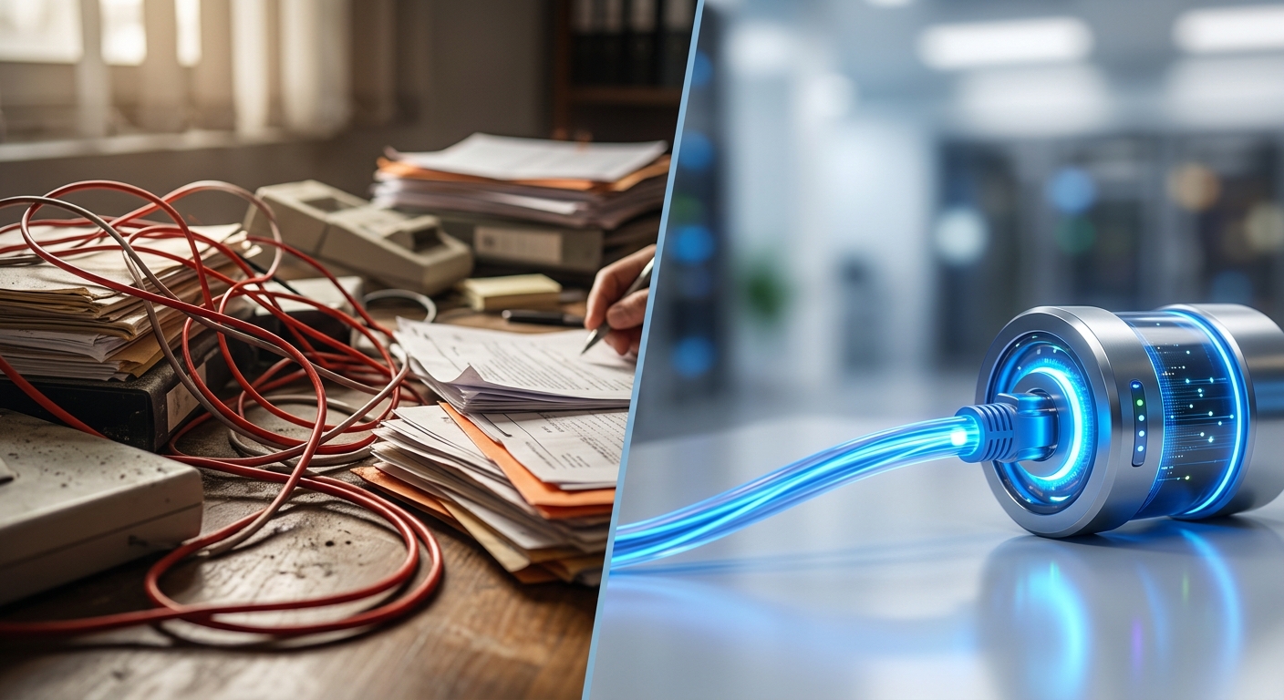 Comparação visual mostrando a eficiência da integração nativa com o ERP do provedor de internet.