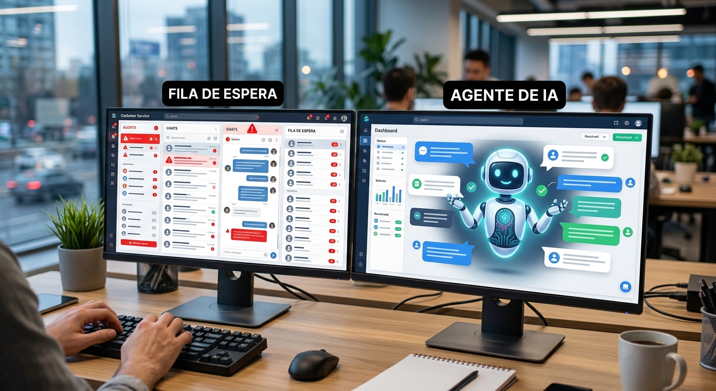 Comparação visual mostrando a eliminação da fila de atendimento por meio de um agente de IA para WhatsApp.