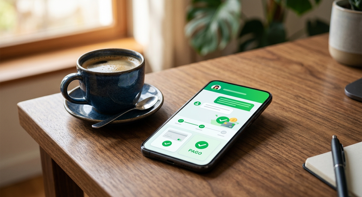 Smartphone exibindo um fluxo de cobrança automatizado e humanizado com confirmação de pagamento