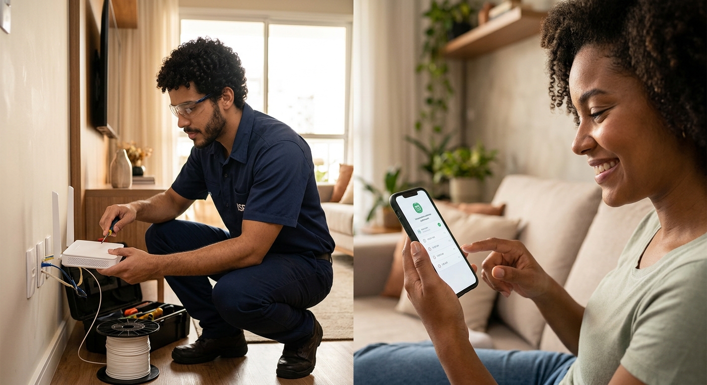 Técnico de provedor de internet e cliente usando agente de ia atendimento no celular para agendar instalação