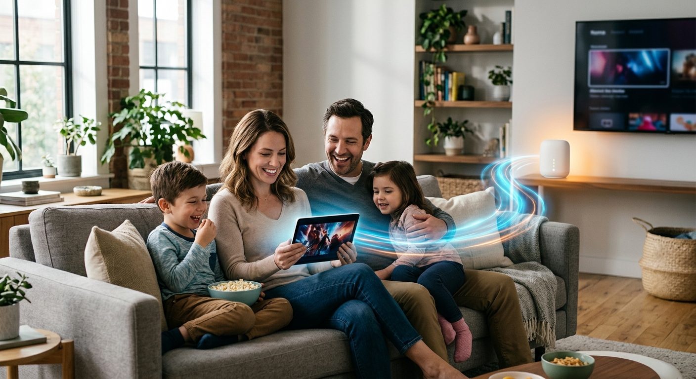 Família feliz usando internet rápida após processo de fidelização de clientes com onboarding ágil