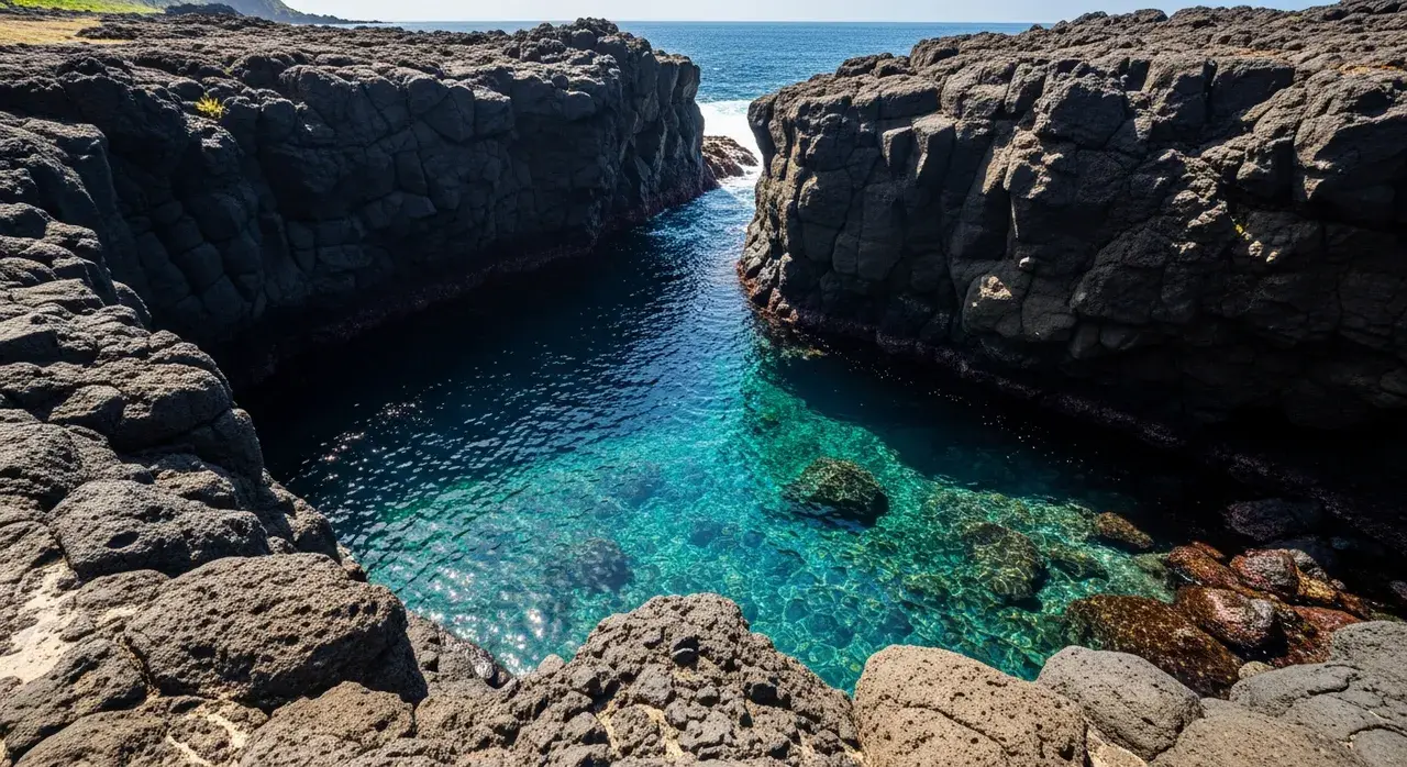 Águas cristalinas da Lasca da Velha Noronha cercadas por rochas vulcânicas na Praia do Cachorro.