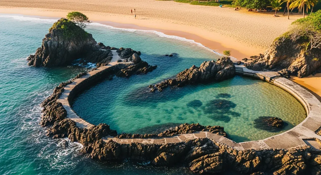 Piscina do Morro de Fora revelada durante a maré baixa entre a Praia do Meio e a Praia da Conceição.