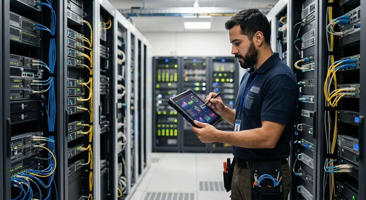 Técnico analisando o software para provedor em um tablet dentro da sala de servidores.