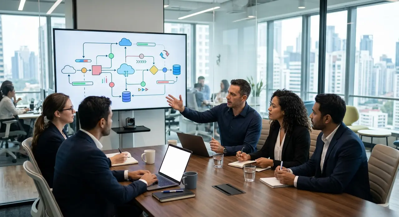 Equipe de gestão de provedor planejando a migração de ERP em uma sala de reunião moderna.