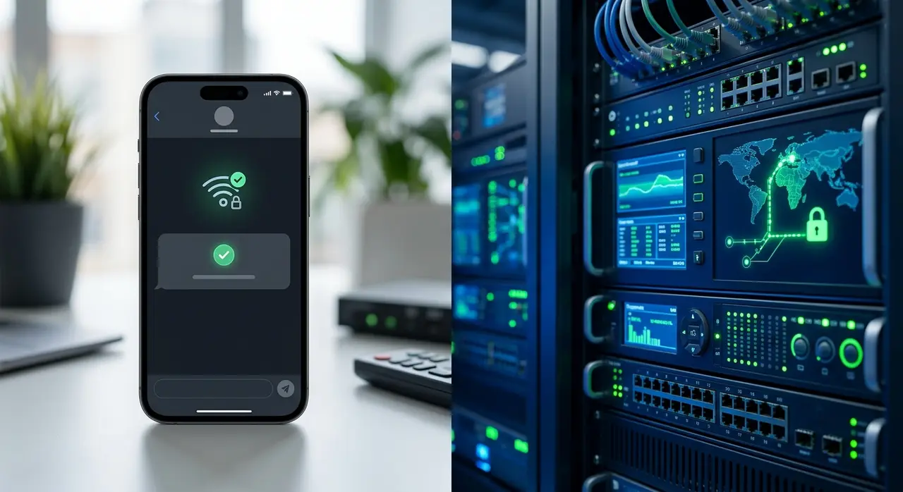 Interface de celular confirmando o desbloqueio de confiança ao lado de um painel de servidor seguro