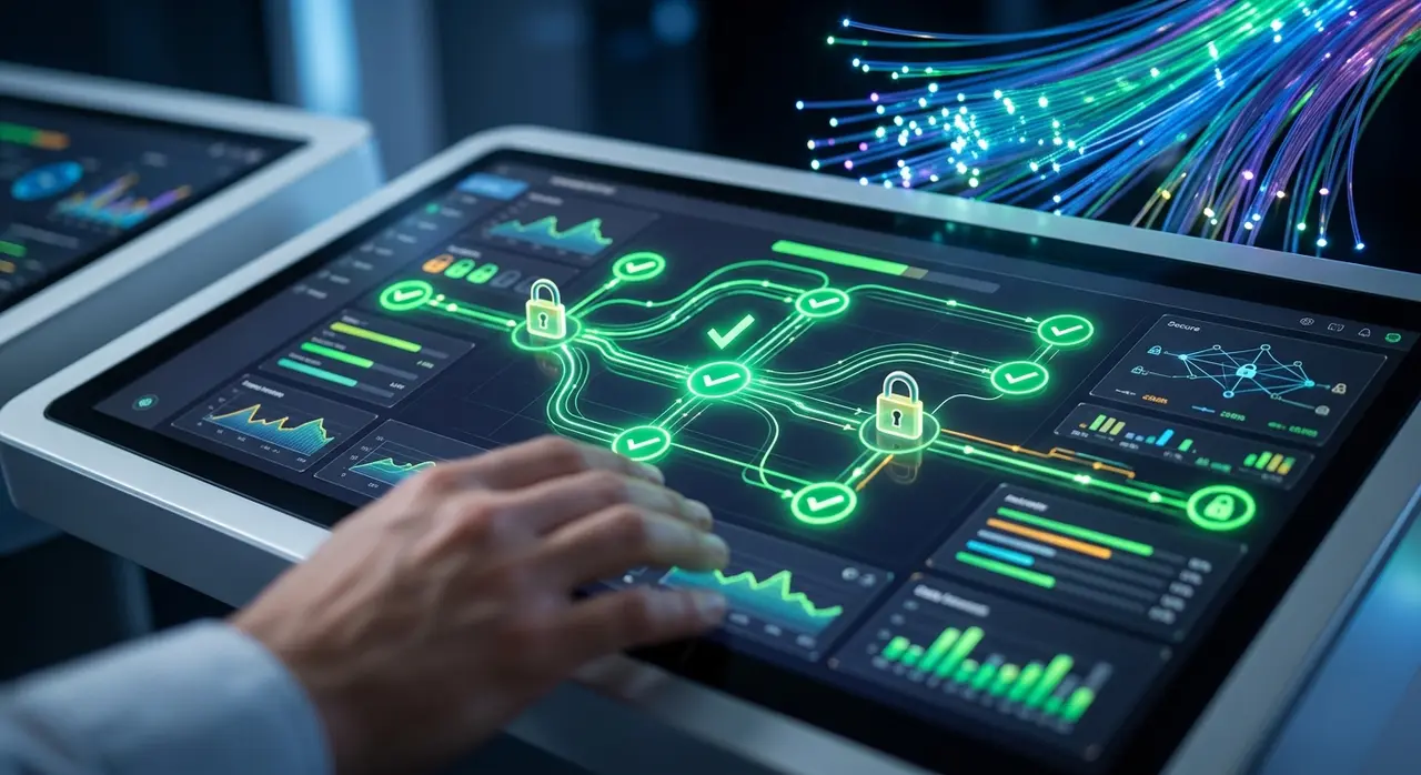 Painel de automação de processos mostrando fluxo de dados seguro em um provedor de internet