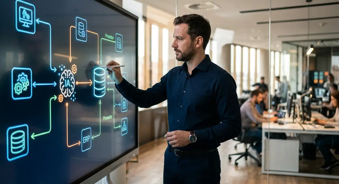 Computer screens showing data mapping and systems integration for AI agents