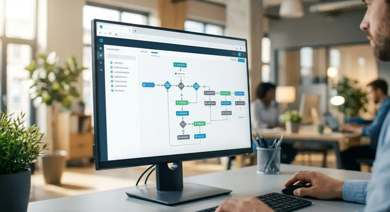 Dual monitors displaying a Botpress chatbot flow and n8n workflow nodes for automated customer service.