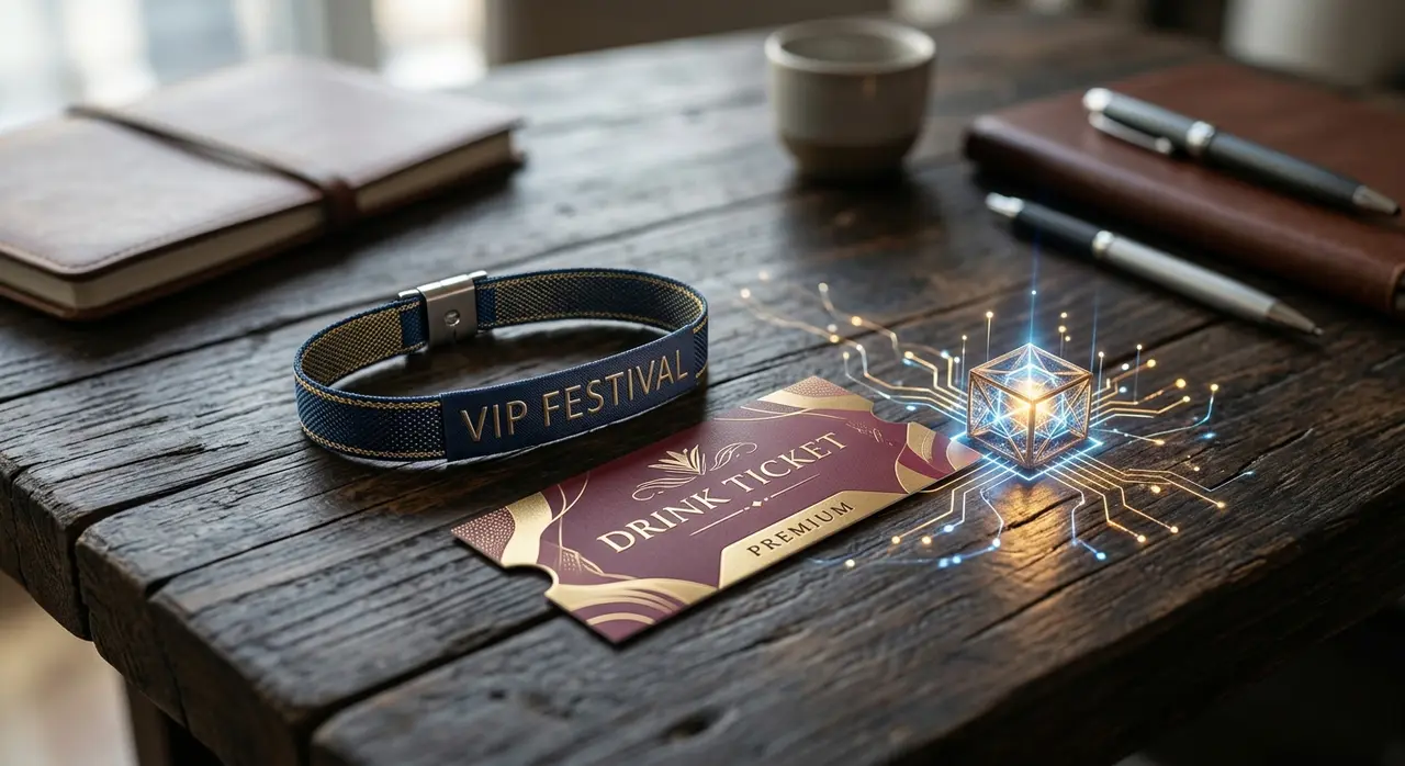 Pulseira VIP e itens de evento ilustrando o upsell feito pela automatização ia