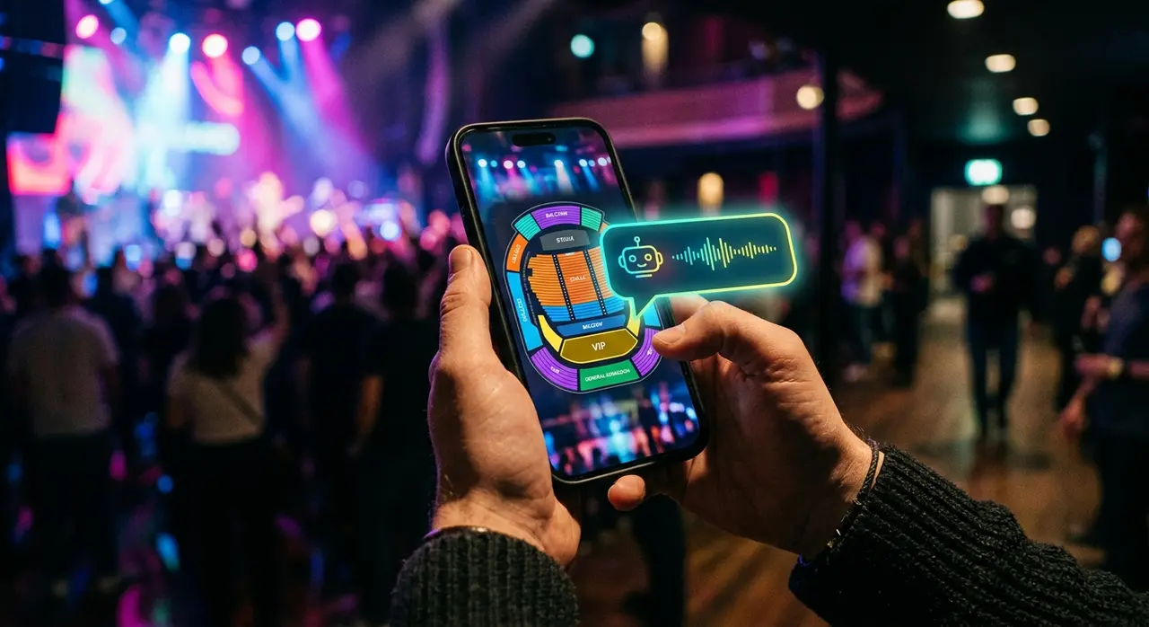 Cliente visualizando mapa do evento e recebendo recomendação de ingressos através de automação IA.