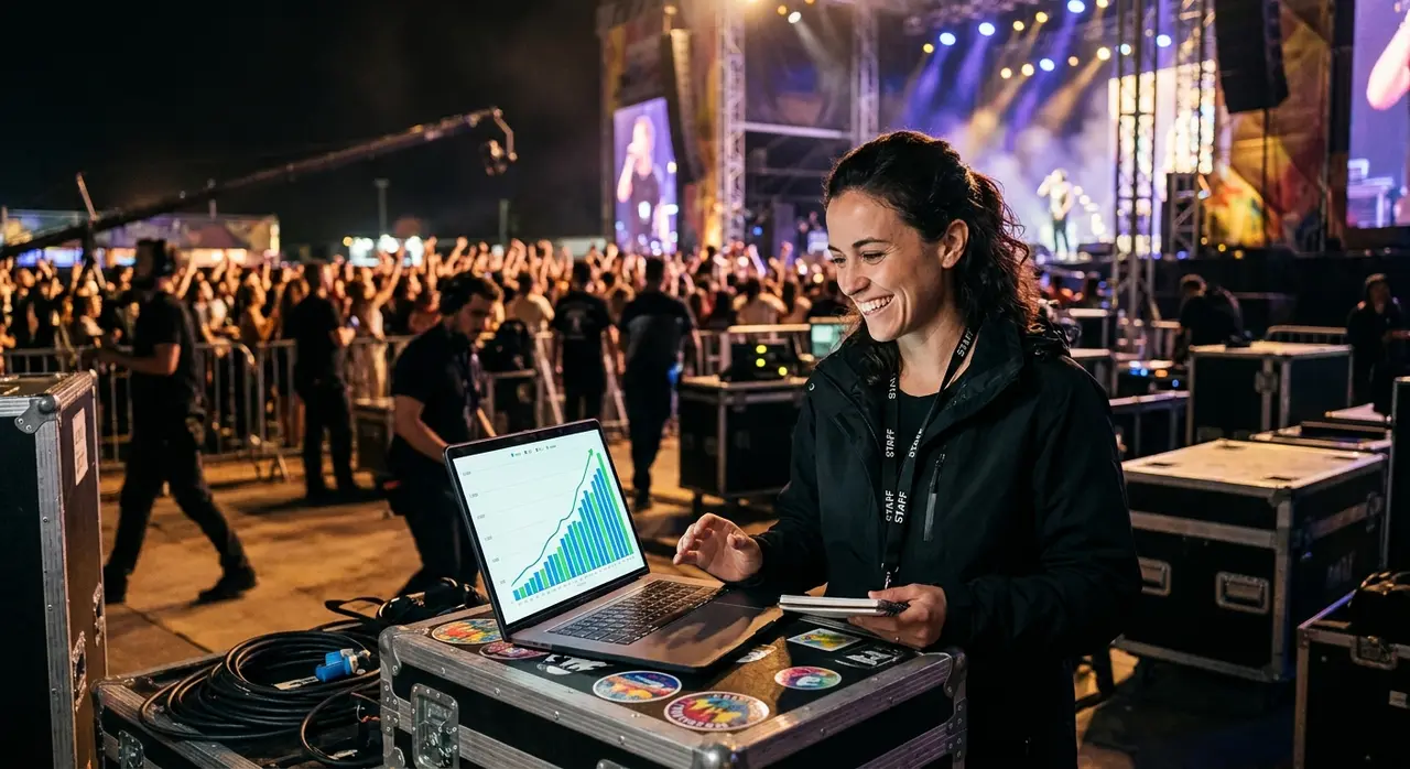 Produtor de eventos acompanhando o aumento de vendas após implementar automatização IA.