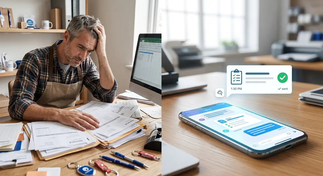 Factory manager using a smartphone to monitor automated AI quotes for customized corporate gifts