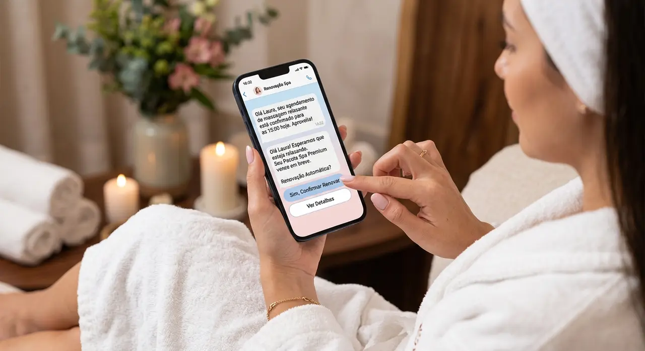 Cliente de clínica de estética confirmando a renovação automática de um pacote pelo WhatsApp