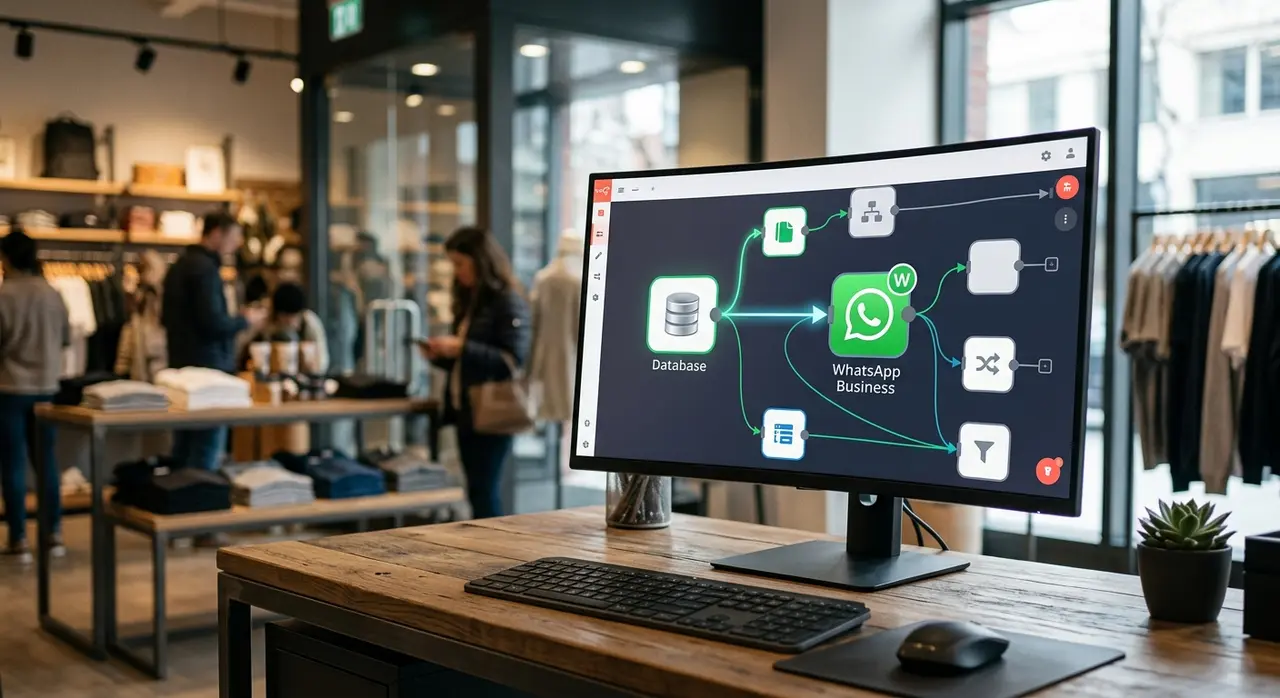 Interface de um fluxo de automação no n8n conectando o banco de dados do estoque à api whatsapp business.