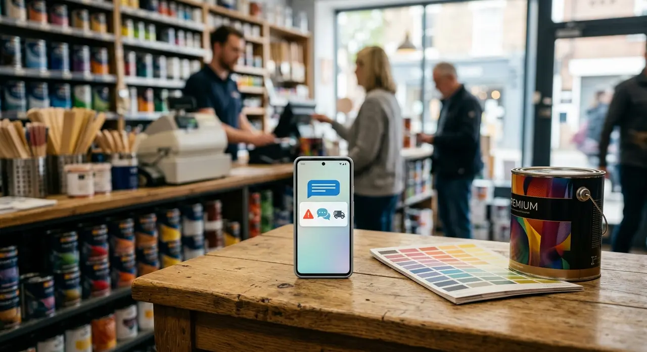 Alerta de reposição de estoque recebido no celular via api whatsapp business em uma loja de tintas.