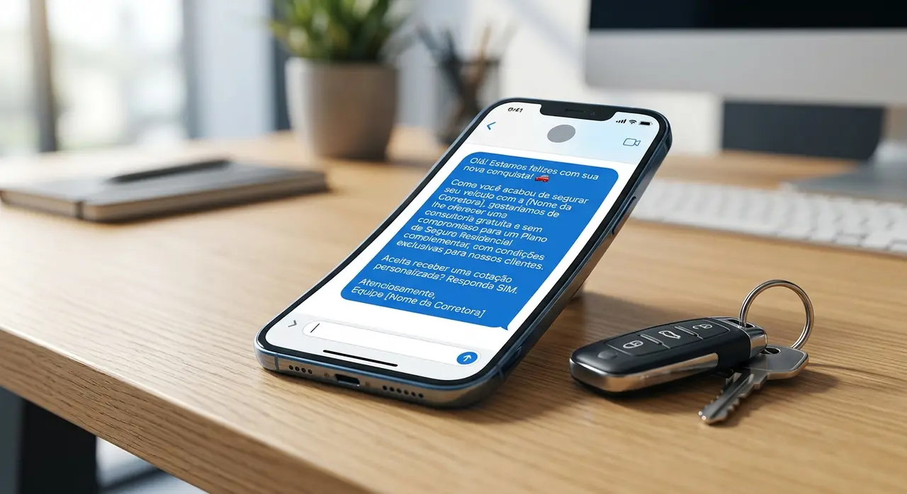 Smartphone screen showing a successful disparo de mensagens whatsapp for an insurance cross-sell.