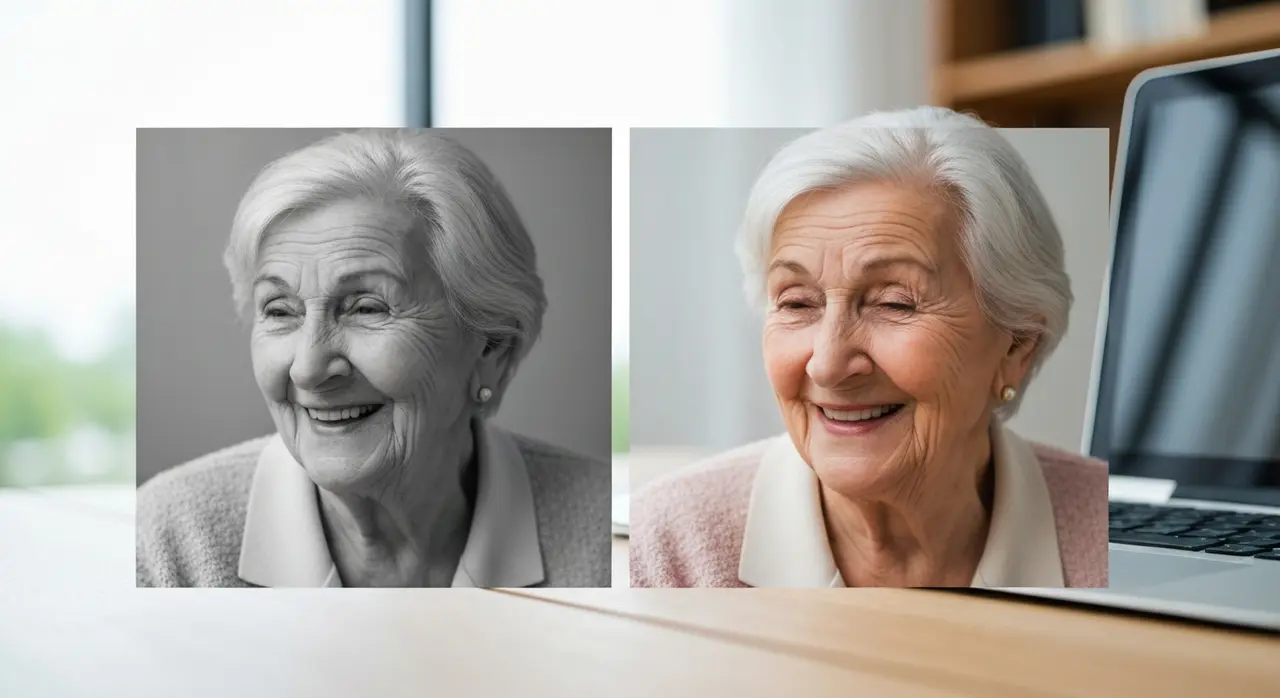 Comparativo de uma foto antiga, de um lado estática e desbotada, e do outro lado colorida e animada pela IA, mostrando como é possível dar vida a foto.