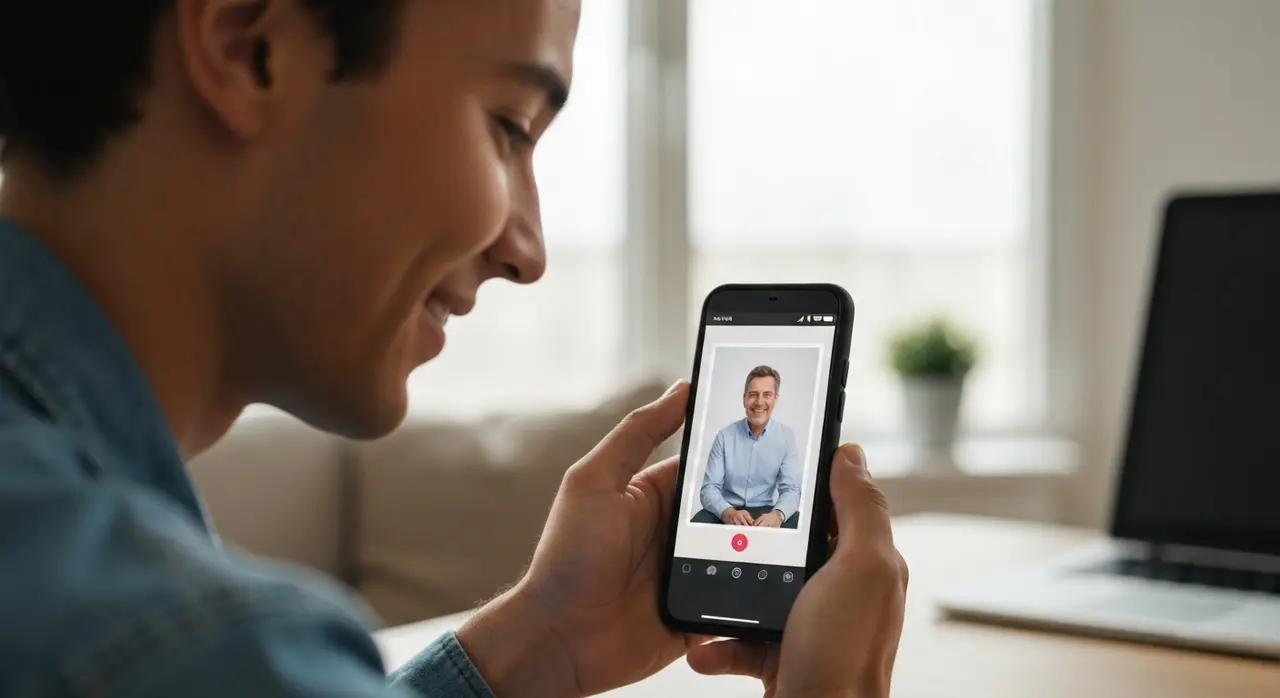 Pessoa assistindo a um vídeo no celular, onde uma foto de um ente querido aparece animada, com um sorriso no rosto, transmitindo a emoção de reviver memórias.