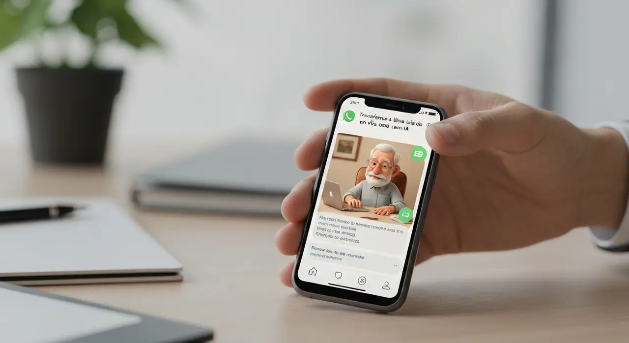 Tela de celular mostrando um vídeo de avô animado por IA no WhatsApp, ilustrando como animar foto antiga