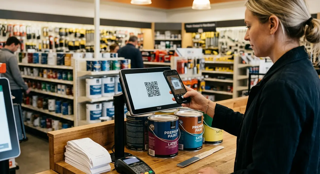 Cliente realizando pagamento via TEF API com celular na loja de tintas.