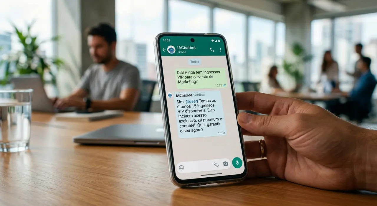 AI chatbot on a smartphone answering event registration questions instantly to boost client acquisition.