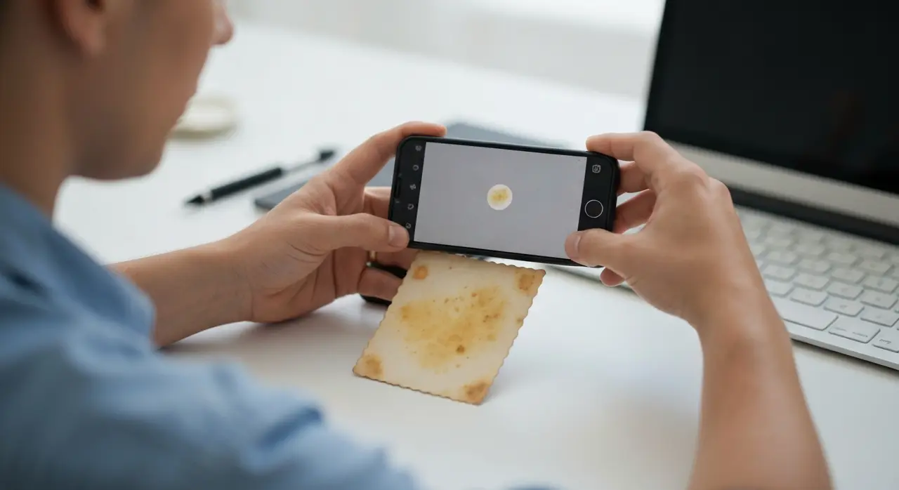 Mãos segurando um smartphone para capturar uma foto antiga manchada e amarelada, com boa iluminação para melhorar a recuperação da foto antiga.