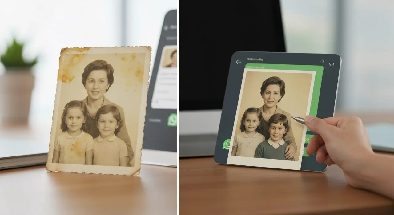 Comparação lado a lado de uma foto de família antes (manchada e amarelada) e depois (restaurada e colorida), ilustrando o poder da IA para melhorar foto com IA.
