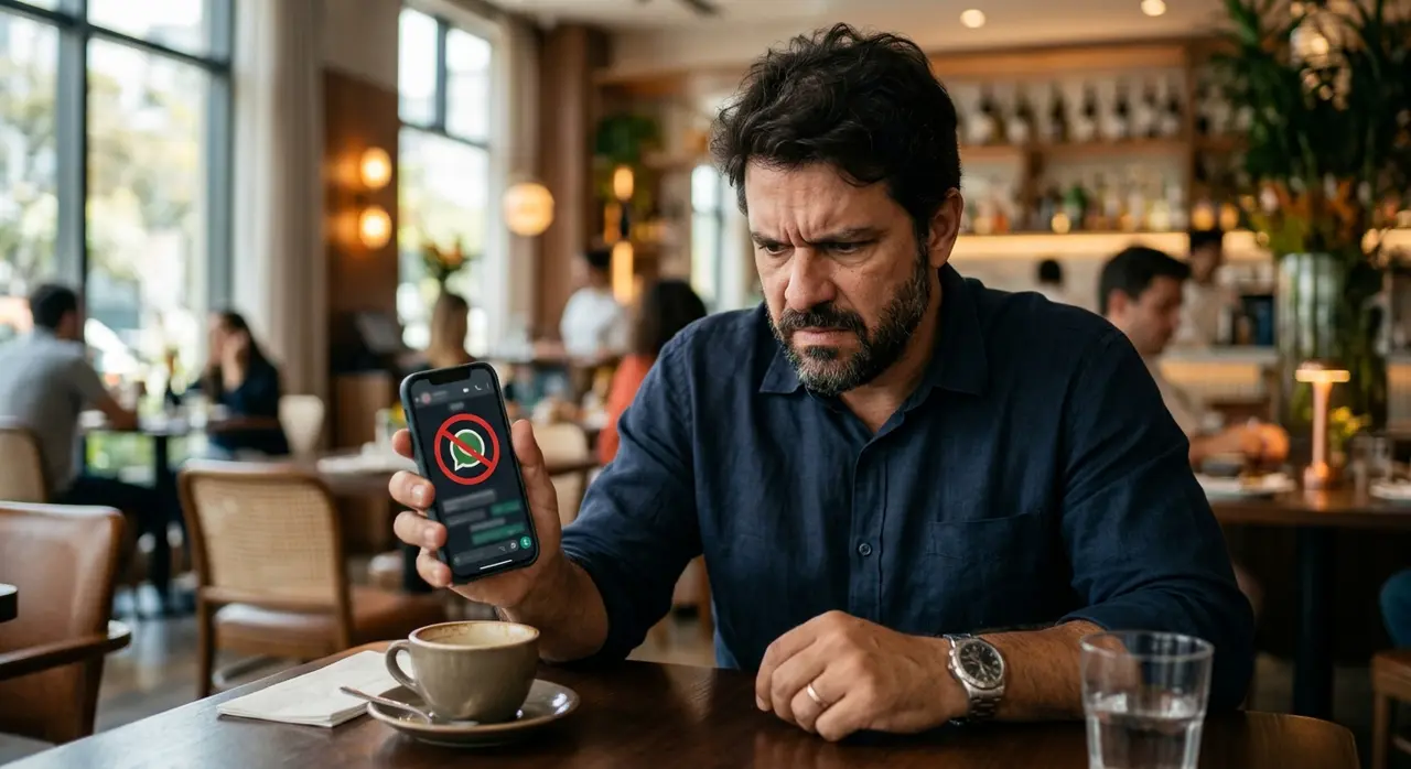 Cliente frustrado bloqueando um contato de whatsapp business para restaurante por envio de spam