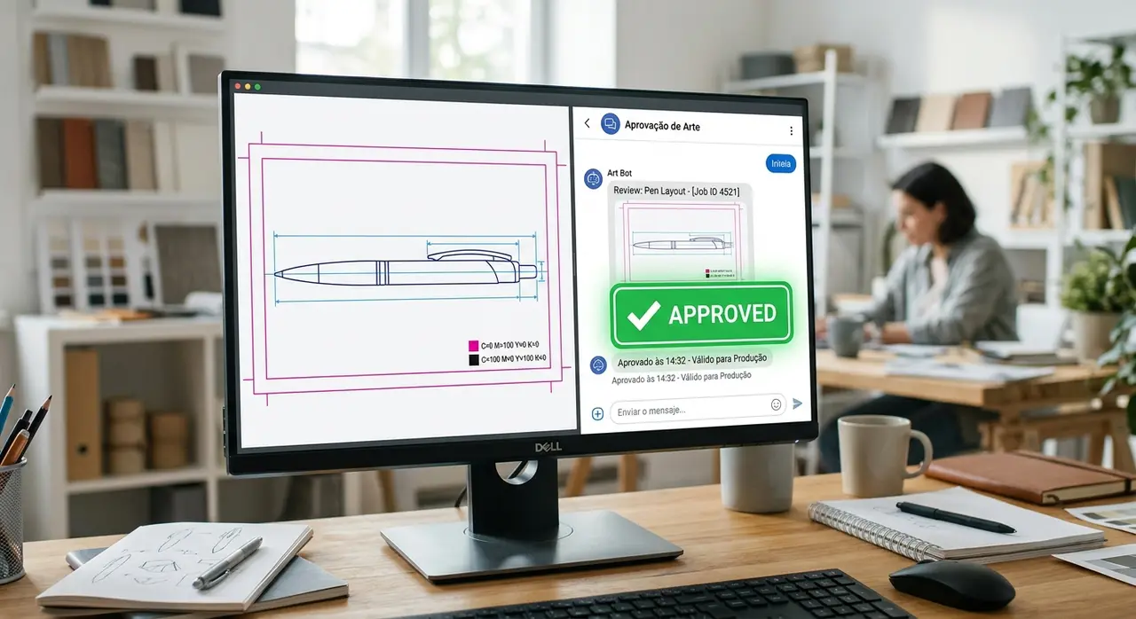 Interface de validação de layout com agente de IA conferindo medidas e cores na tela de um computador