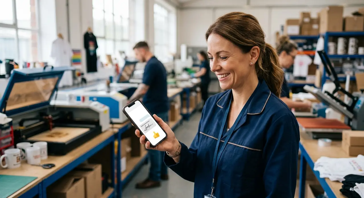 Gestor de produção de fábrica de brindes acompanhando o aceite do cliente via API WhatsApp Business