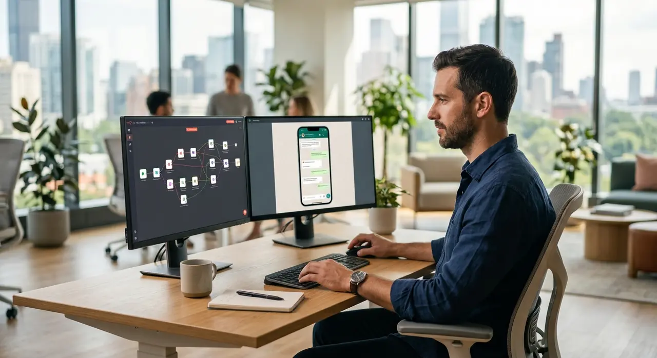 Event producer managing a WhatsApp chatbot dashboard during stage setup