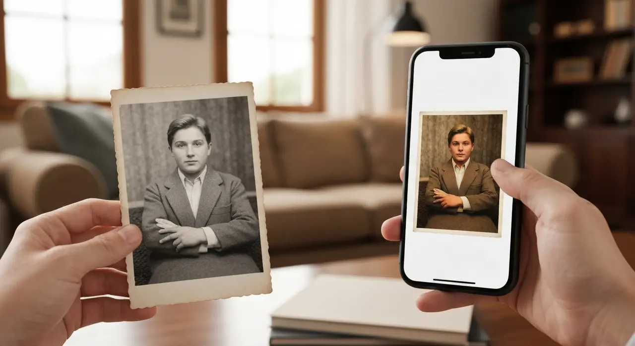Mãos segurando uma foto antiga em preto e branco, com a versão colorida por IA ao lado, mostrando a transformação de colorir foto preto e branco.