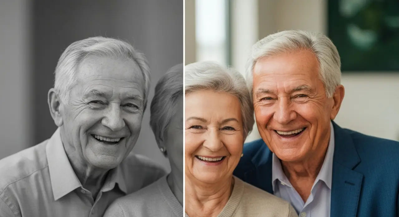 Comparativo de uma foto de avós em preto e branco e a mesma foto colorida por IA, ilustrando como a IA para colorir revitaliza imagens antigas.