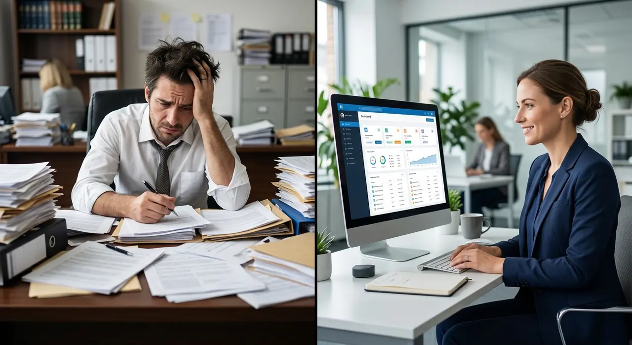 AI case summarization agent transforming a massive pile of legal paperwork into a structured digital summary