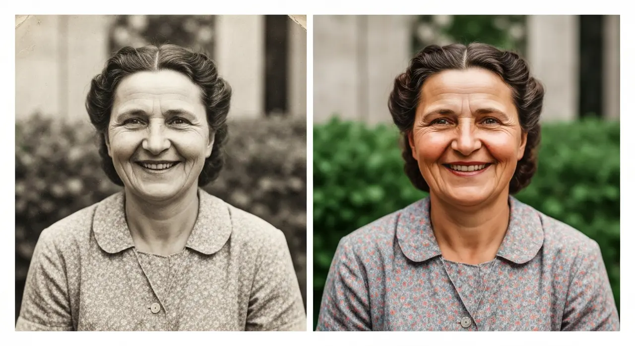 Comparativo: foto antiga de avó em preto e branco ao lado da mesma foto colorida com IA, revivendo as cores