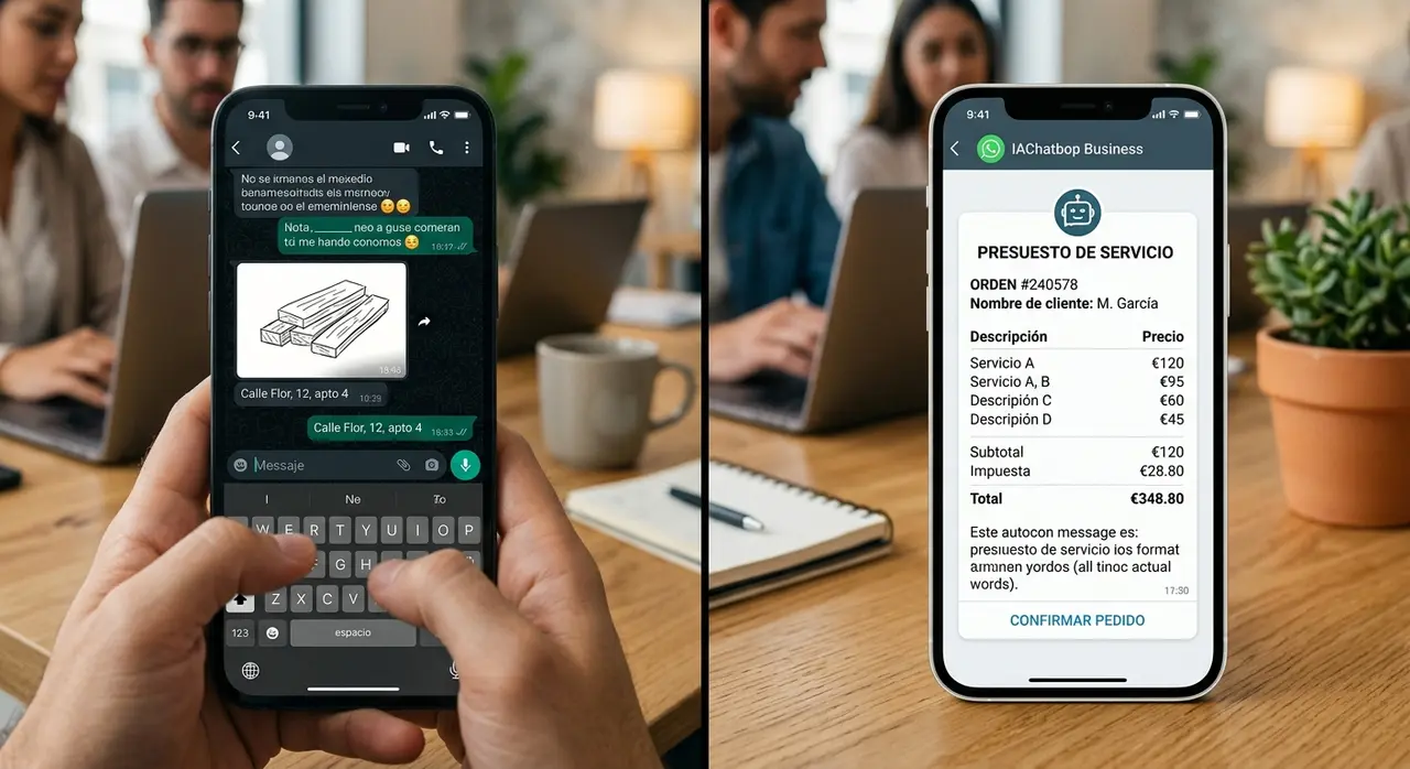Comparação entre digitação manual e mensagem automatica whatsapp enviando um orçamento.