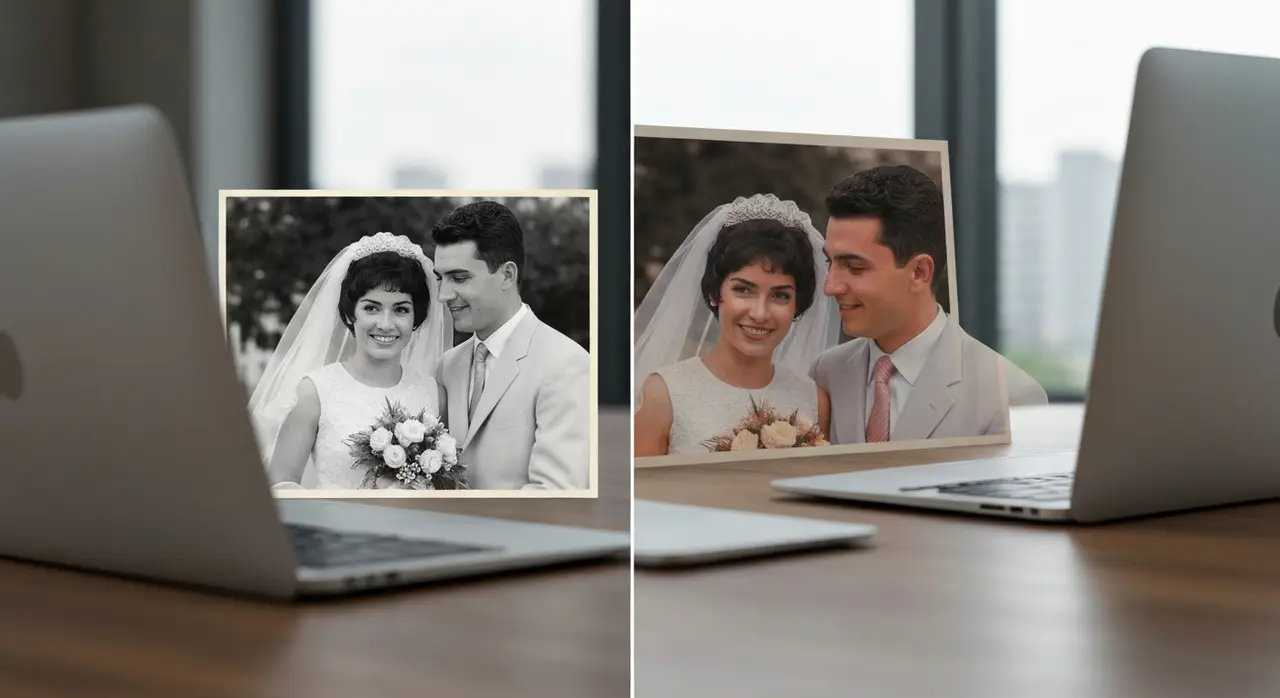 Comparativo de uma foto de casamento em preto e branco e a mesma foto colorida com IA, mostrando a transformação para colorir foto antiga.