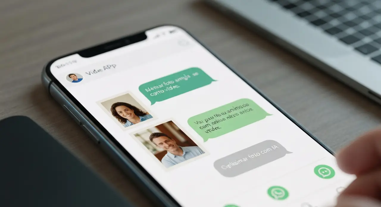 Tela de celular mostrando uma conversa no WhatsApp, com uma foto antiga animada em vídeo