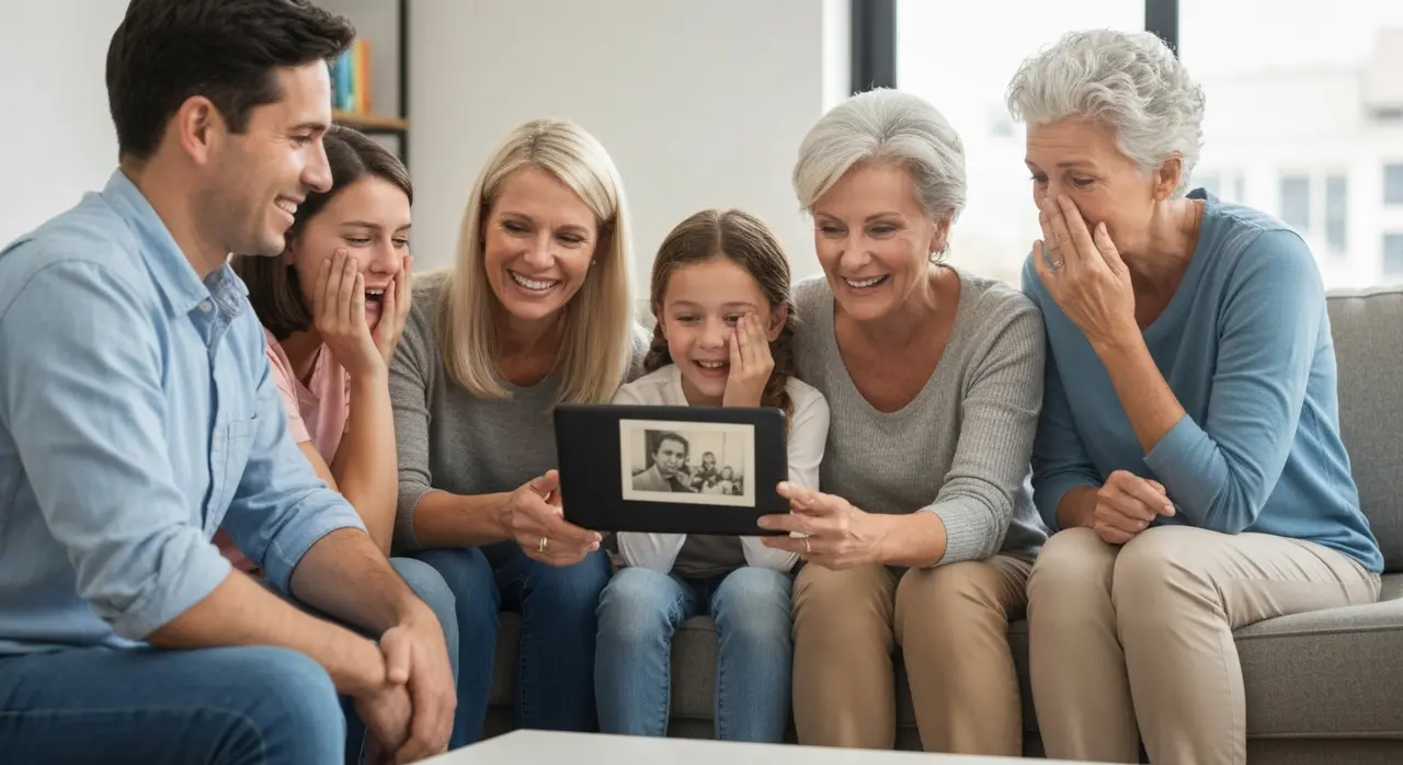 Família de várias gerações assistindo a um vídeo de foto antiga animada, com IA, no celular.