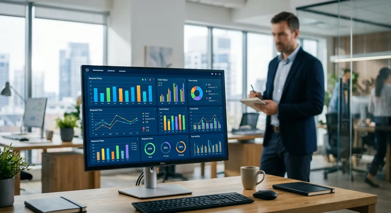 Dashboard de métricas de atendimento omnichannel em um monitor moderno.