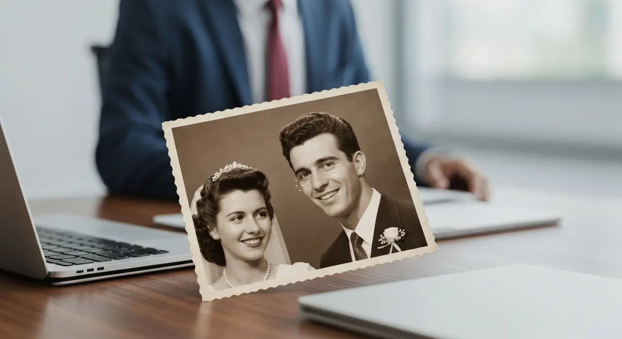 Foto antiga de um casal, agora animada por IA, mostrando expressões sutis para dar vida a foto antiga